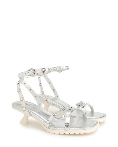 Strapped kitten heel sandals with rhinestones