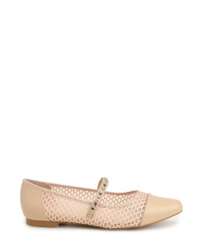 Breathable perforated ballet flats with a rhinestone strap