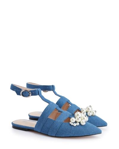 Denim pearls-embellished flats