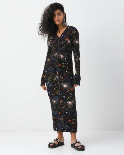 Space print slim-fit knitted dress