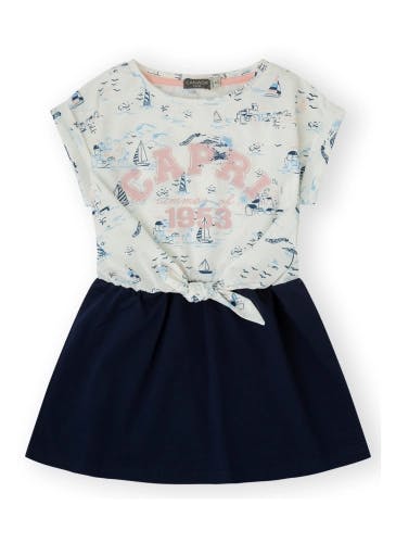 White-navy cotton jersey dress with short sleeves