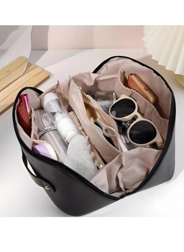 Black leather travel make-up bag with handle