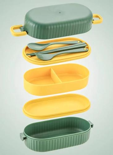 Stackable green lunch box set with compartments, 17.5*9*8.5