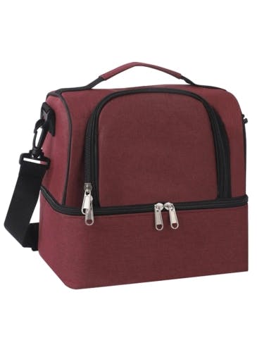 Red double-deck insulated lunch bag with handle