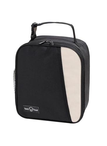 Black insulated lunch bag with handle and side pocket