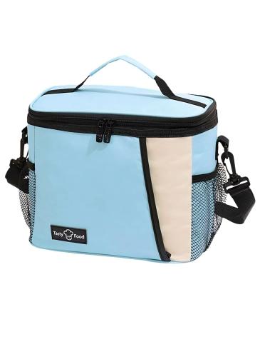 Blue insulated lunch bag with shoulder strap