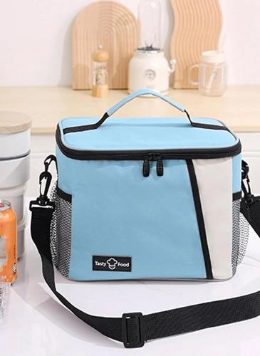 Blue insulated lunch bag with shoulder strap