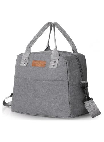 Gray insulated lunch bag with white handles