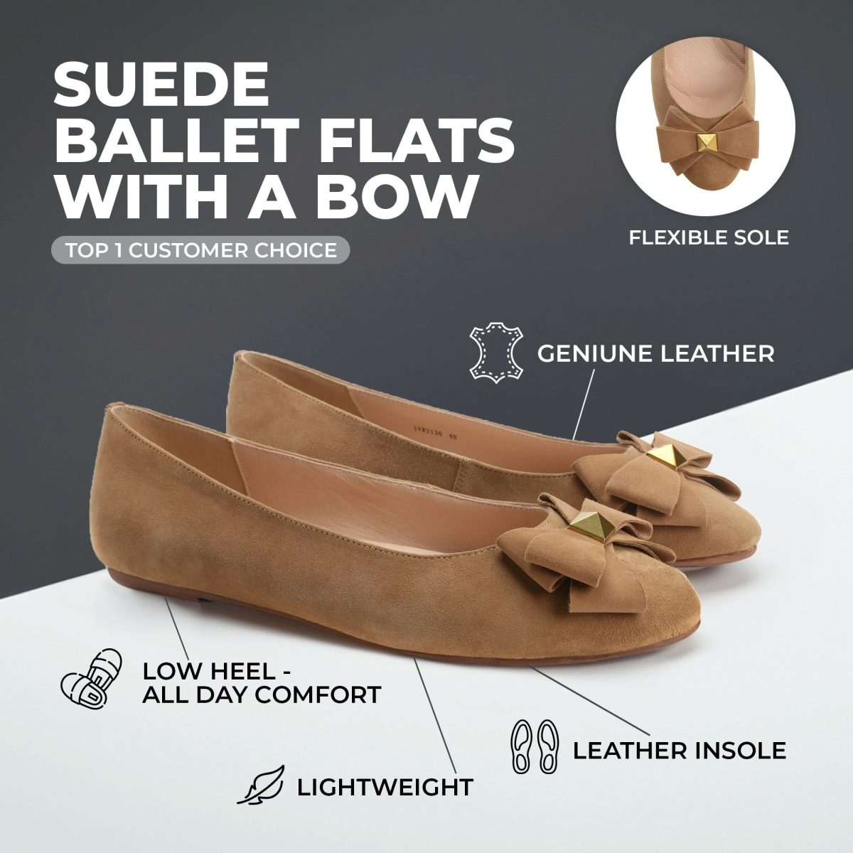 Suede ballet flats with a bow