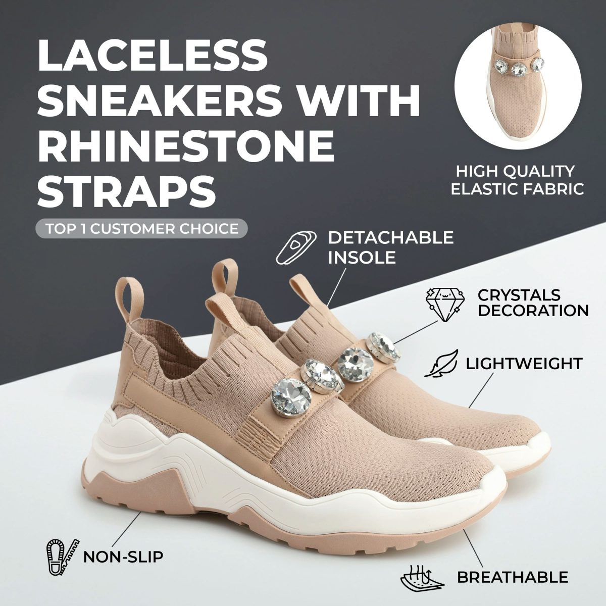 Laceless sneakers with rhinestone straps