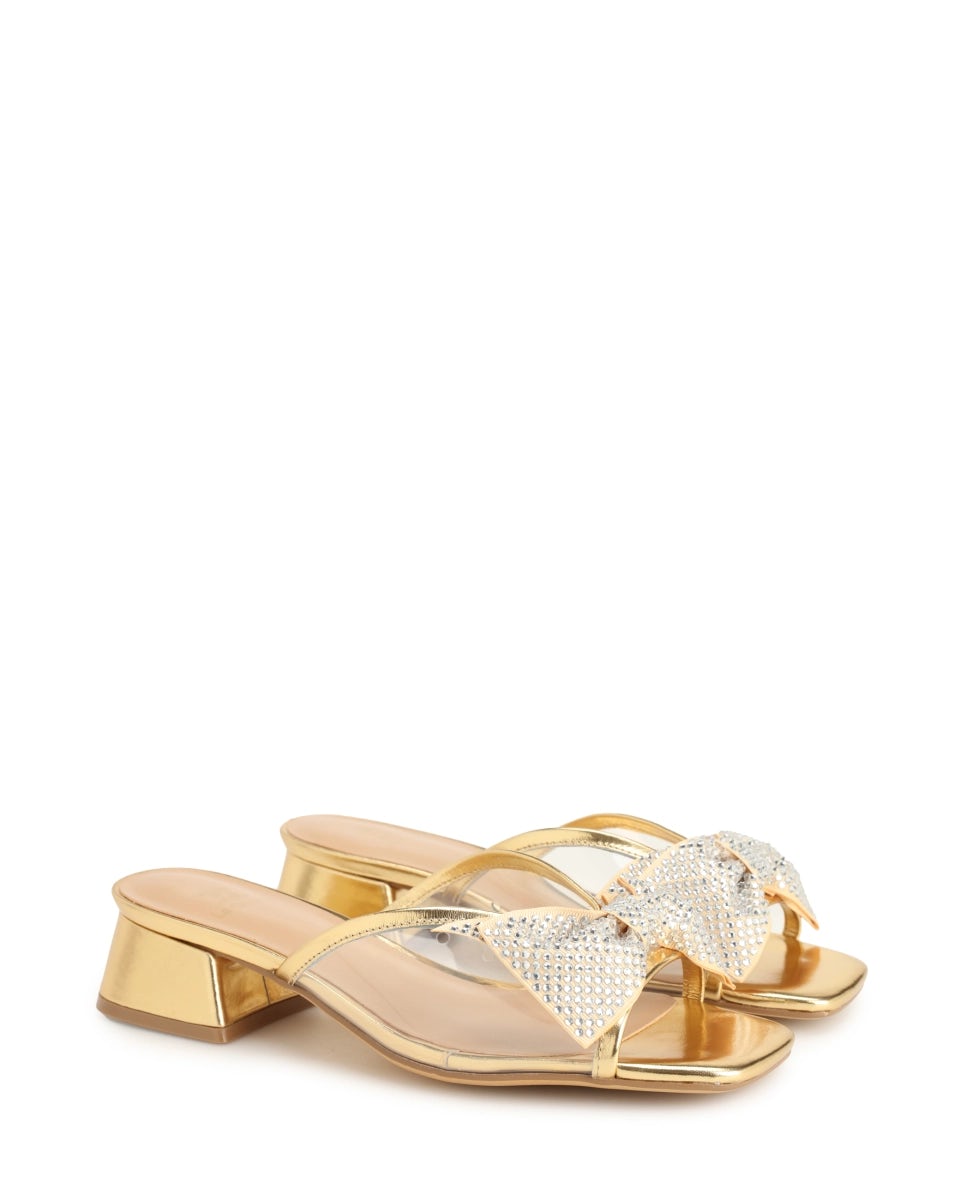 Heeled mules with a crystal-embellished bow