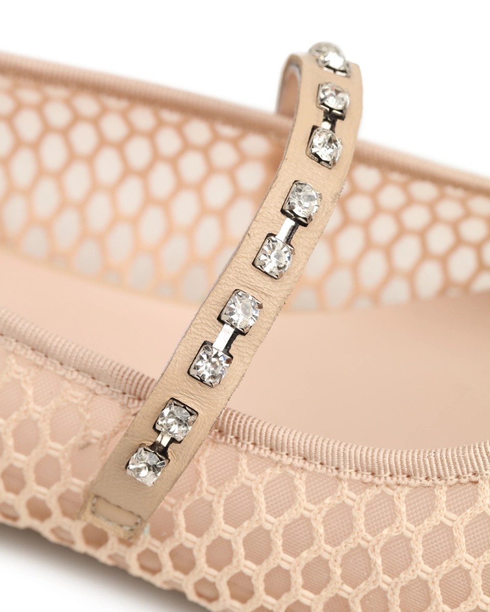 Breathable perforated ballet flats with a rhinestone strap