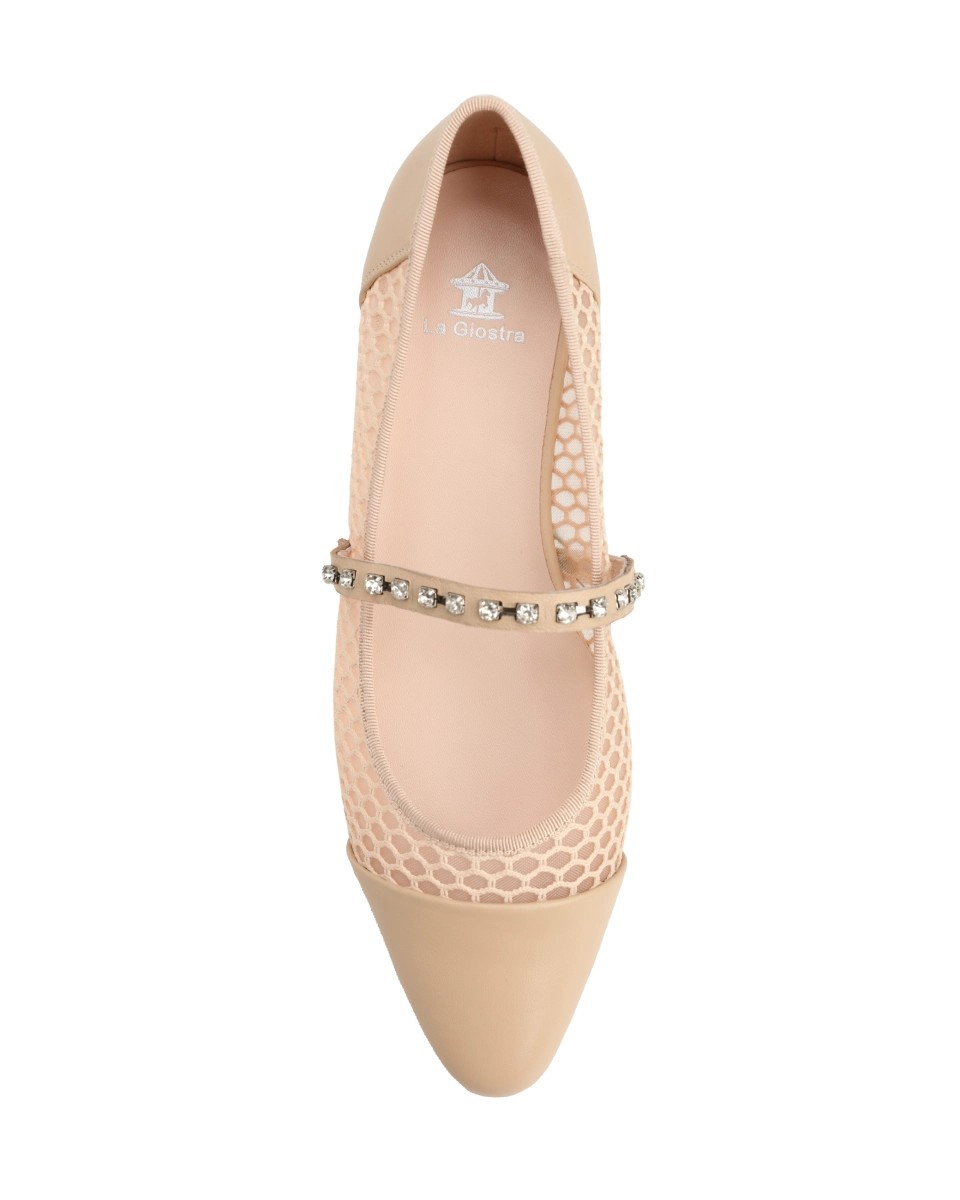 Breathable perforated ballet flats with a rhinestone strap