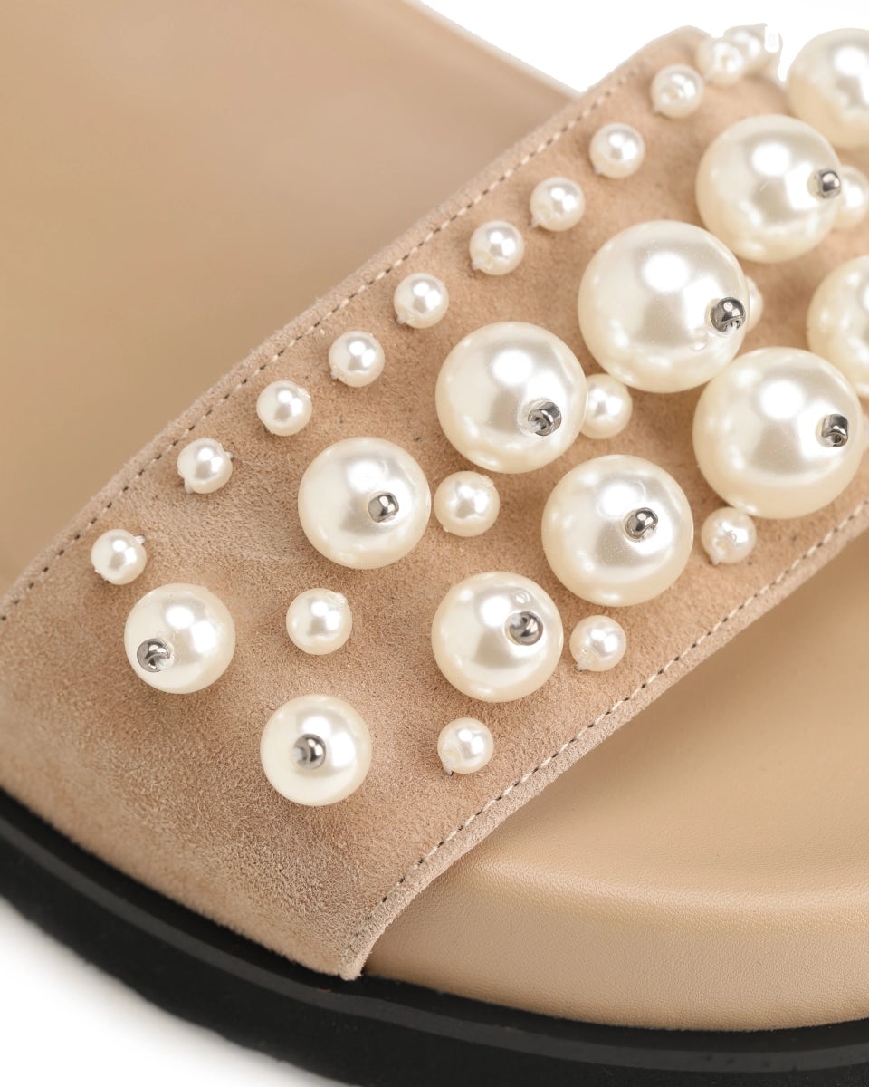 Pearls-embellished suede sandals