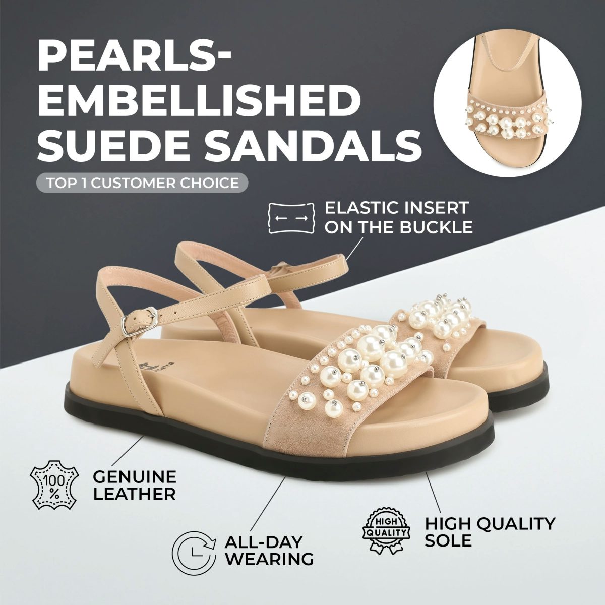 Pearls-embellished suede sandals