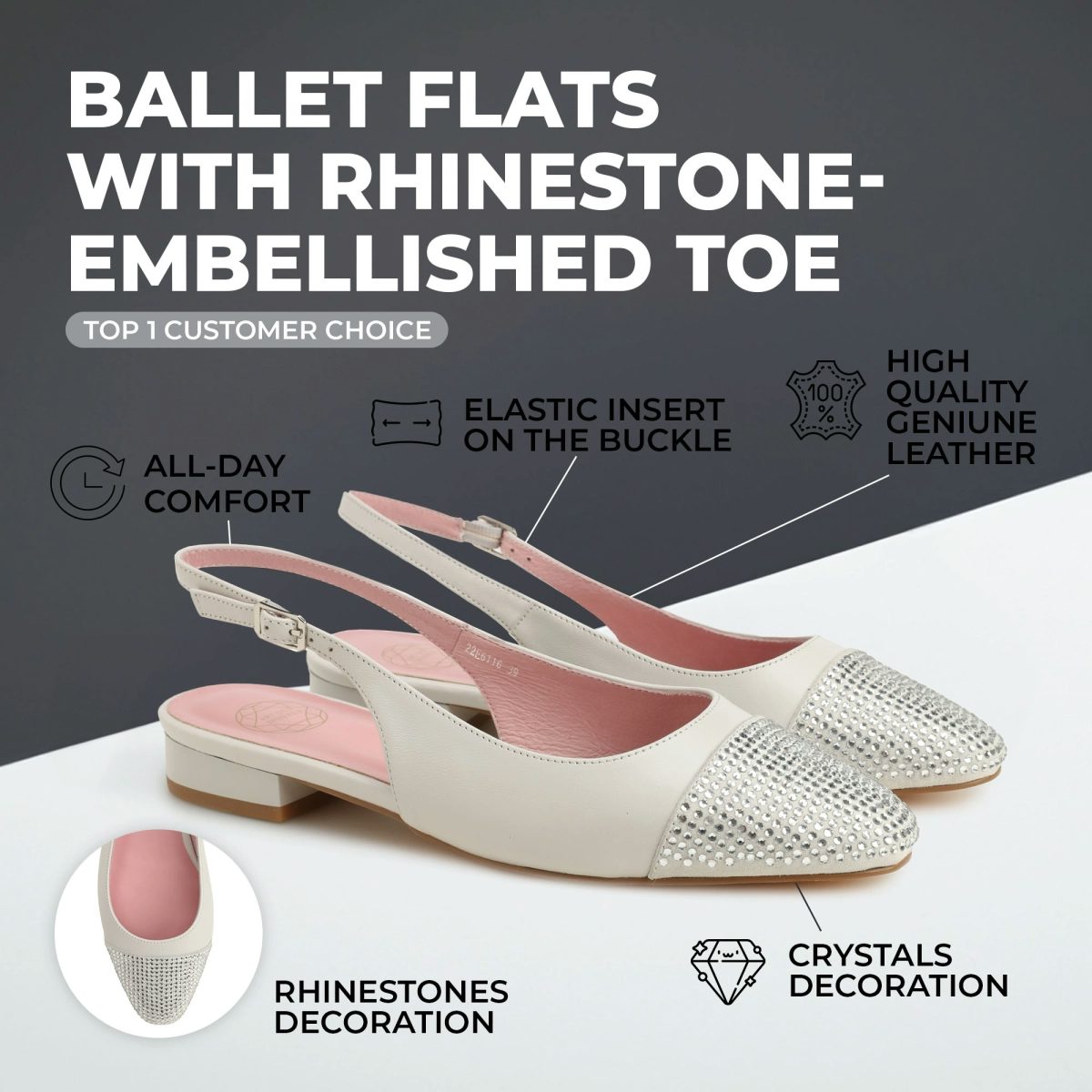 Ballet flats with rhinestone-embellished toe