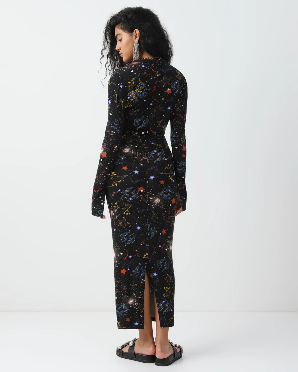 Space print slim-fit knitted dress