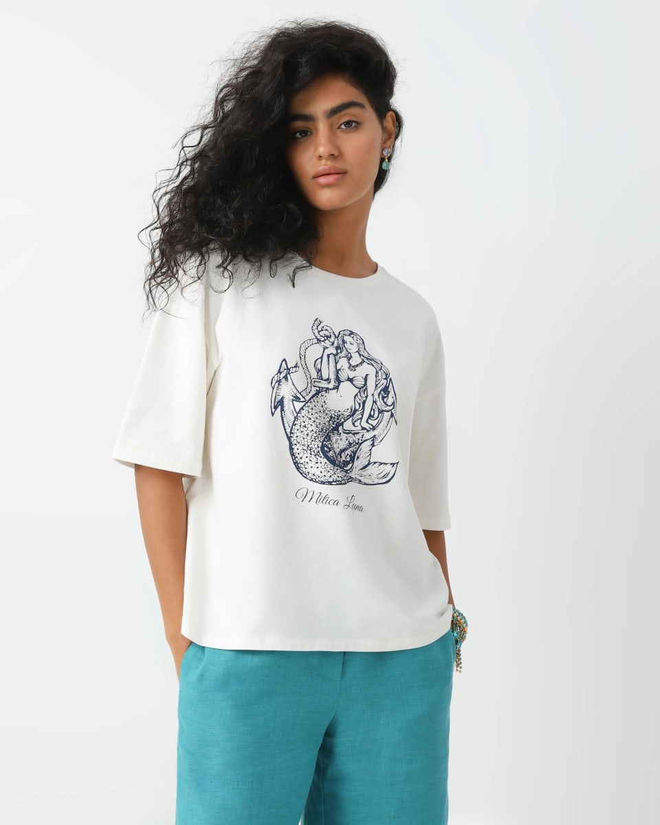 Mermaid print viscose round neck t-shirt