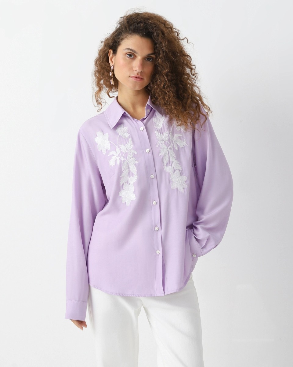 Floral embroidery blouse with pearls buttons