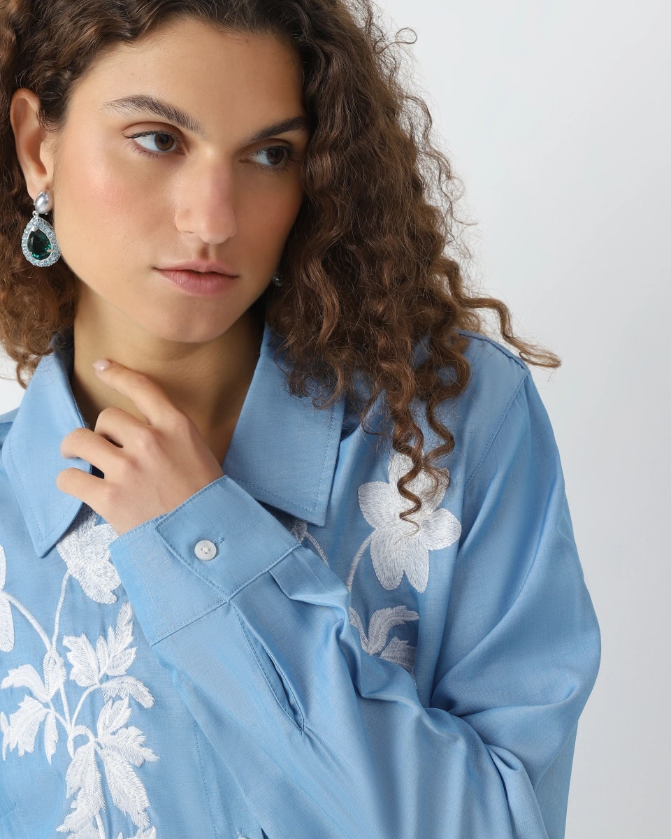 Floral embroidery blouse with pearls buttons