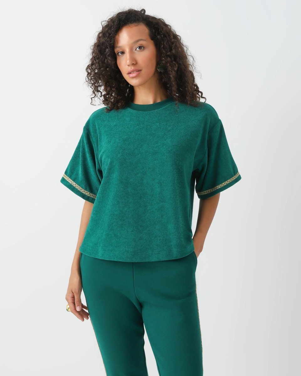 Oversized velvet t-shirt with ornament embellished sleeves