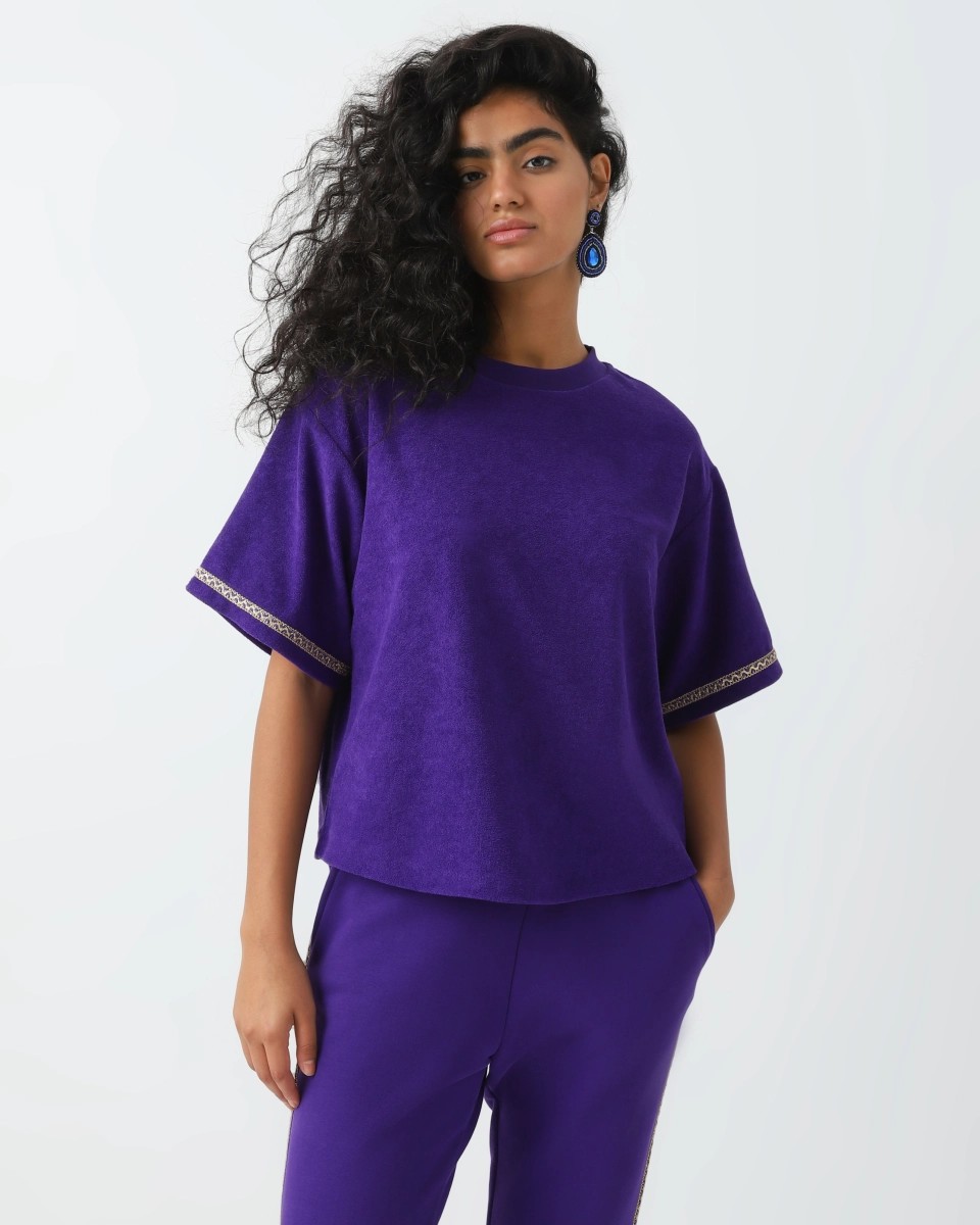 Oversized velvet t-shirt with ornament embellished sleeves