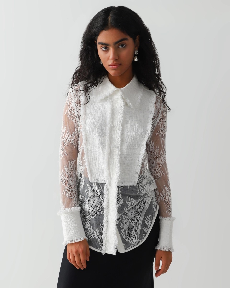 Lace shirt with tweed accents