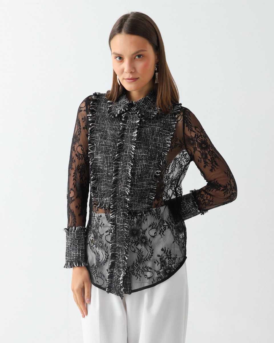 Lace shirt with tweed accents