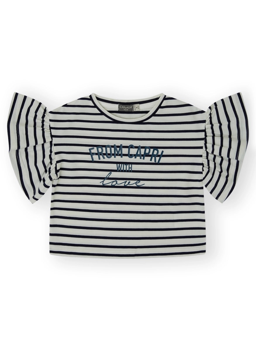 Striped cotton t-shirt with ruffle sleeves for girls
