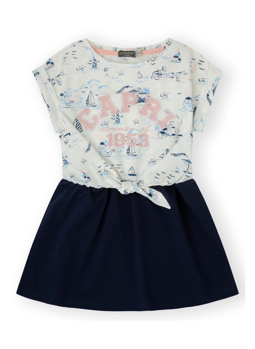 White-navy cotton jersey dress with short sleeves