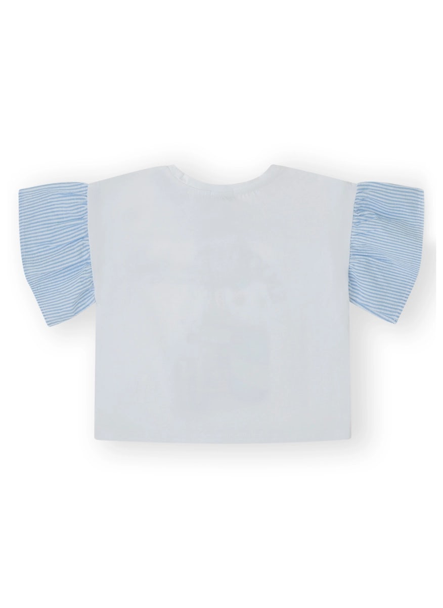 White poplin t-shirt with sky blue ruffle sleeves for girls