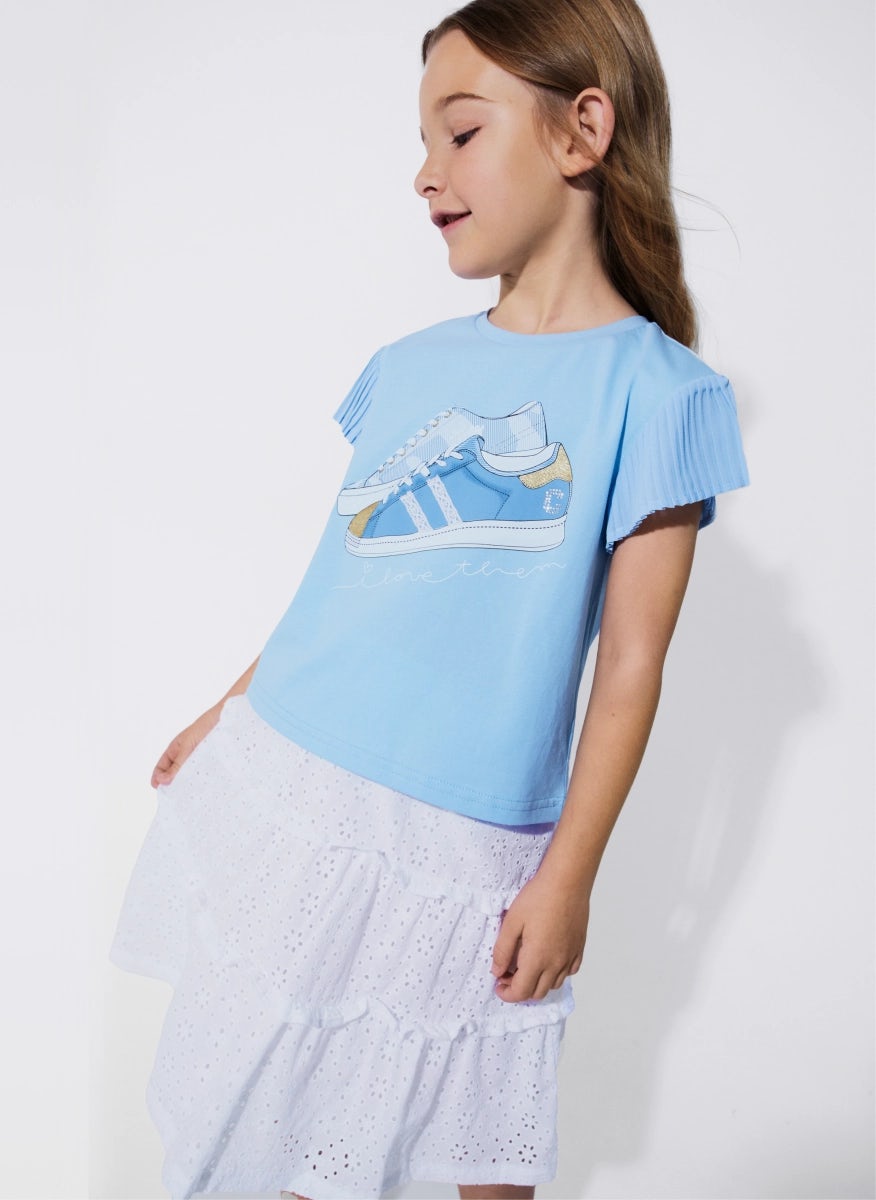Sky blue cotton t-shirt with ruffle sleeves for girls
