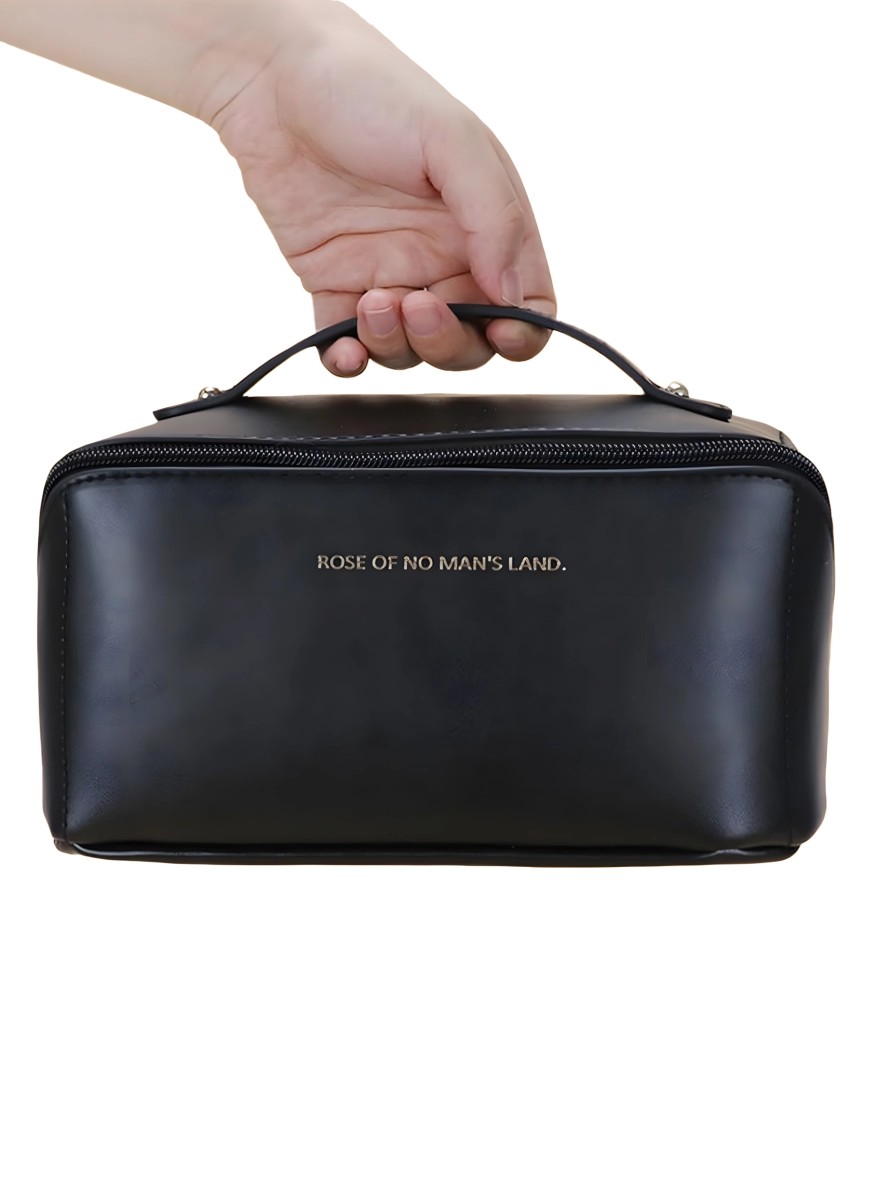 Black leather travel make-up bag with handle