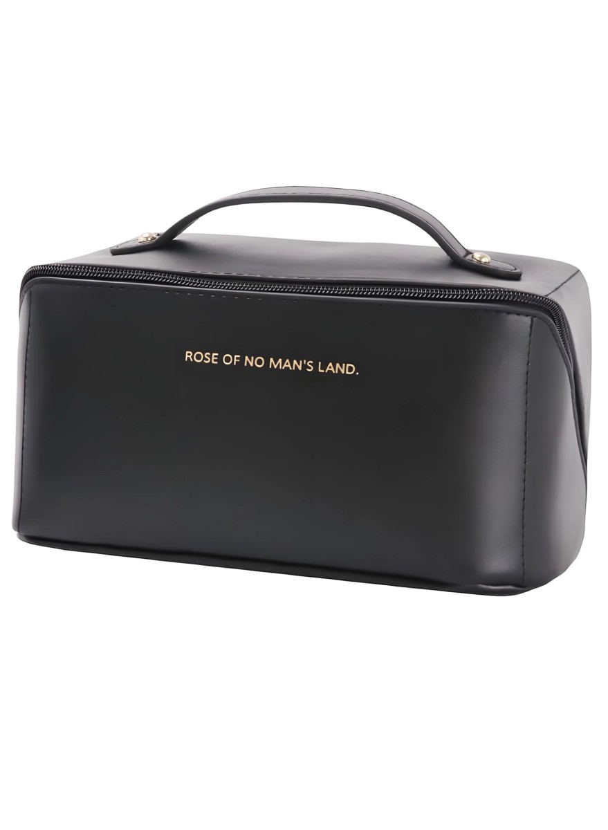 Black leather travel make-up bag with handle