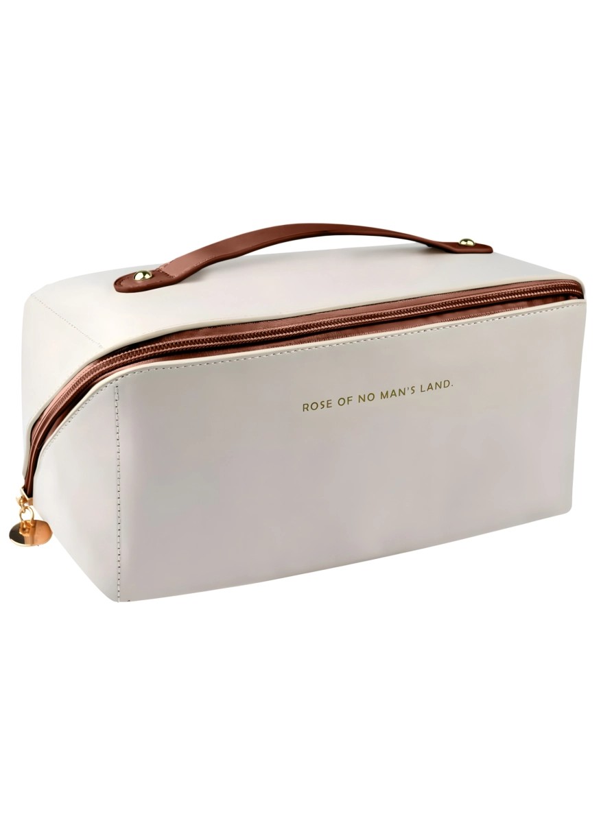 White leather travel make-up bag with handle