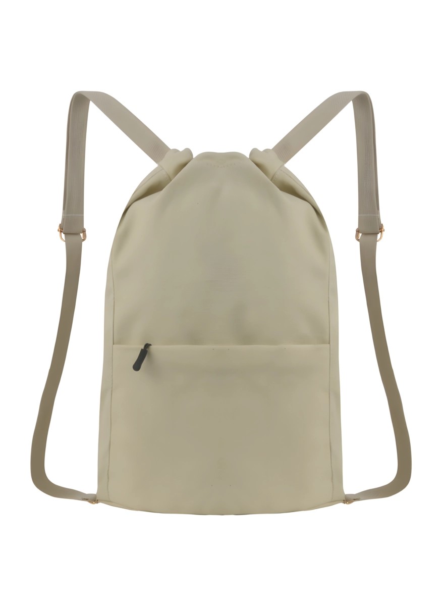 Beige drawstring backpack with adjustable straps