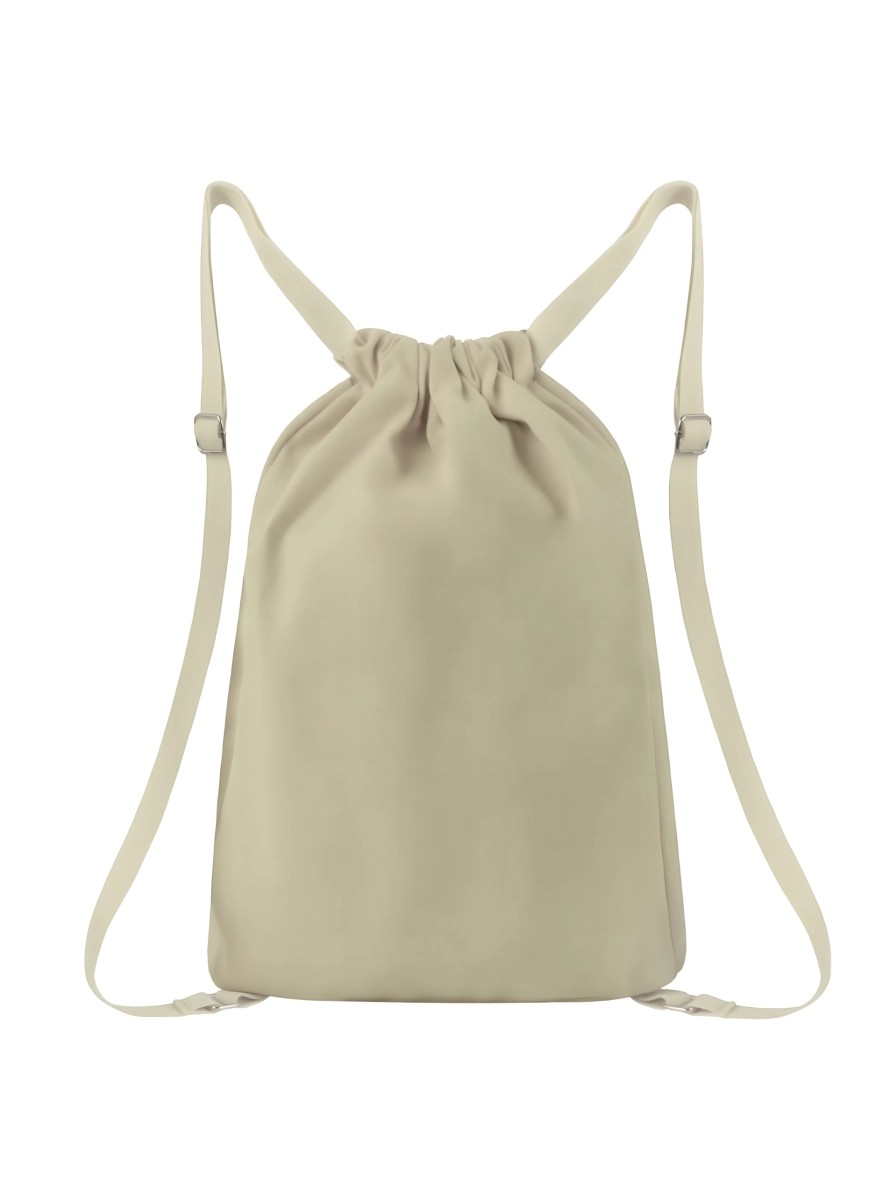 Beige drawstring backpack with adjustable straps