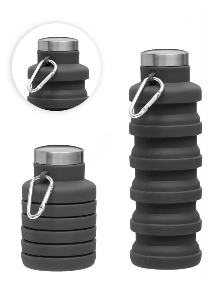 Compact collapsible water bottle with carabiner clip, 500 ml