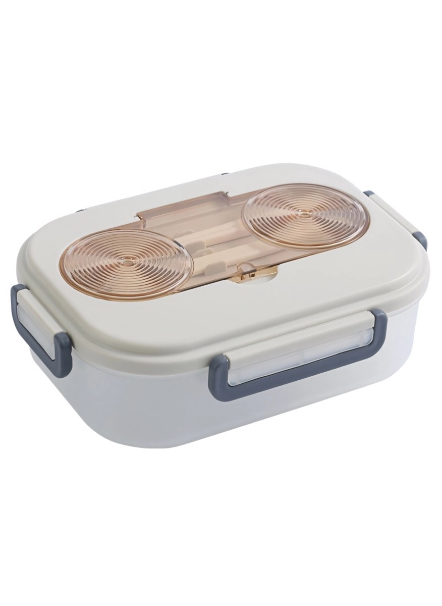 Beige lunch box with cutlery lid, 23.5*17.2*7.5