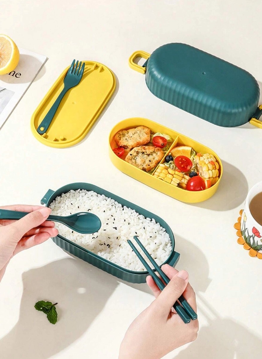 Stackable green lunch box set with compartments, 17.5*9*8.5