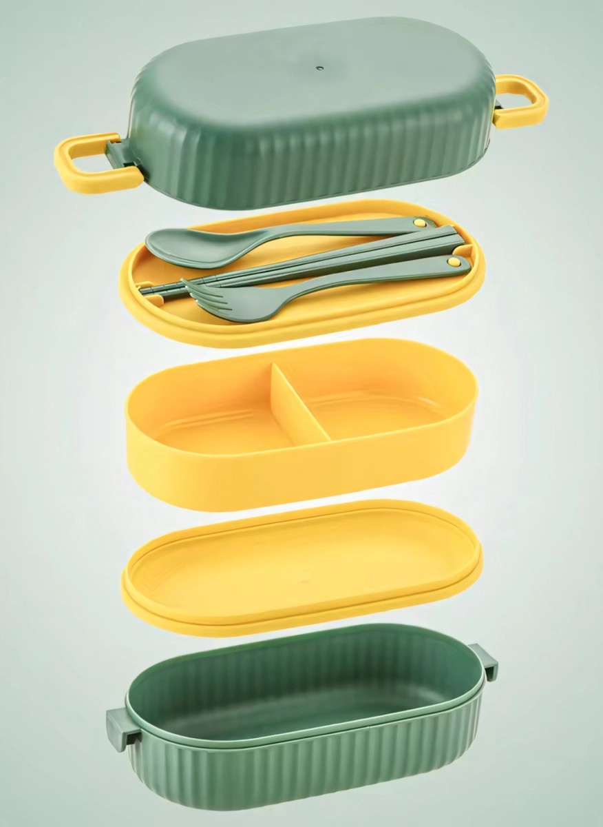 Stackable green lunch box set with compartments, 17.5*9*8.5