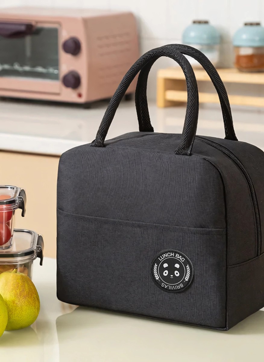 Black insulated lunch bag with handles and front pocket