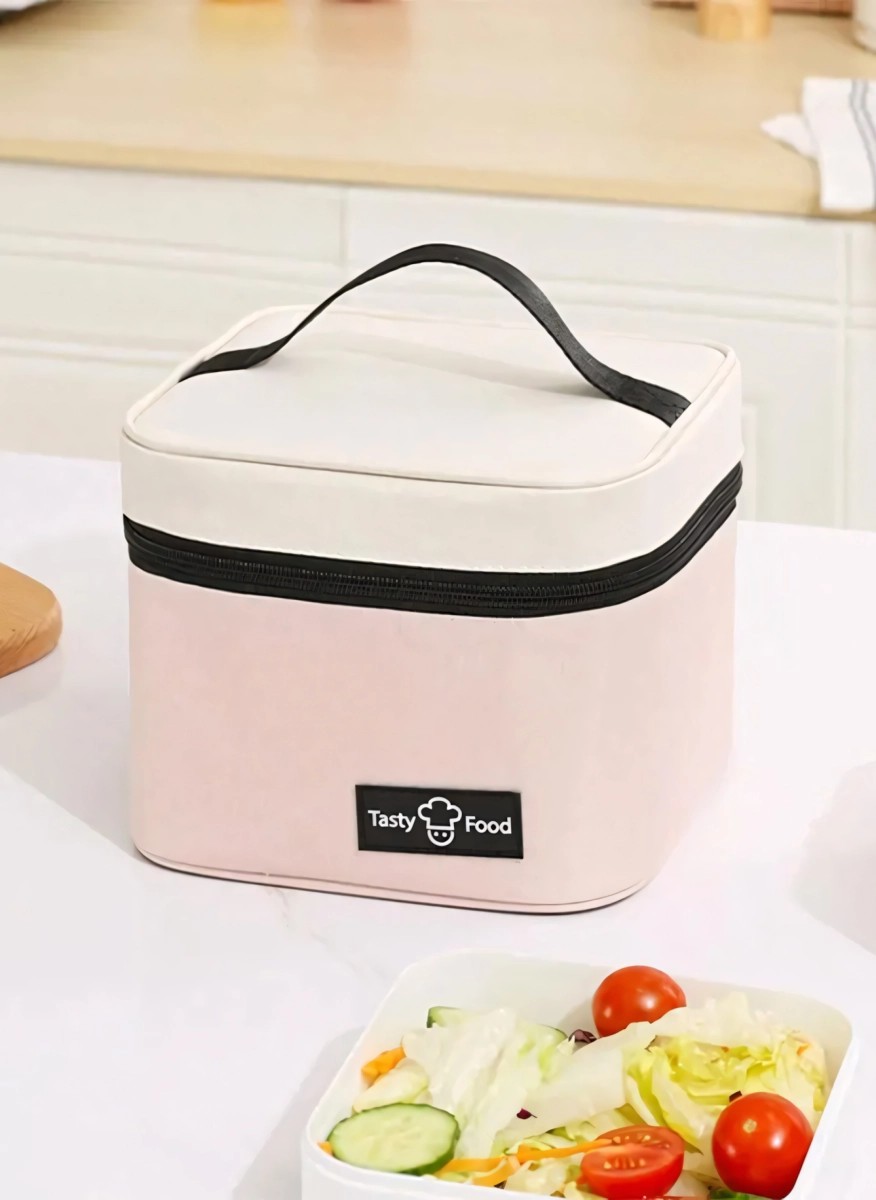 Pink insulated lunch bag with handle