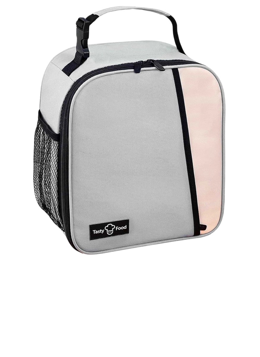 Gray insulated lunch bag with handle and side pocket