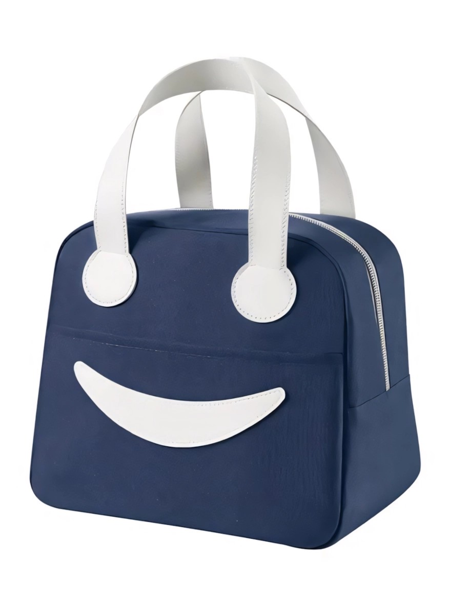 Navy blue insulated lunch bag with white handles