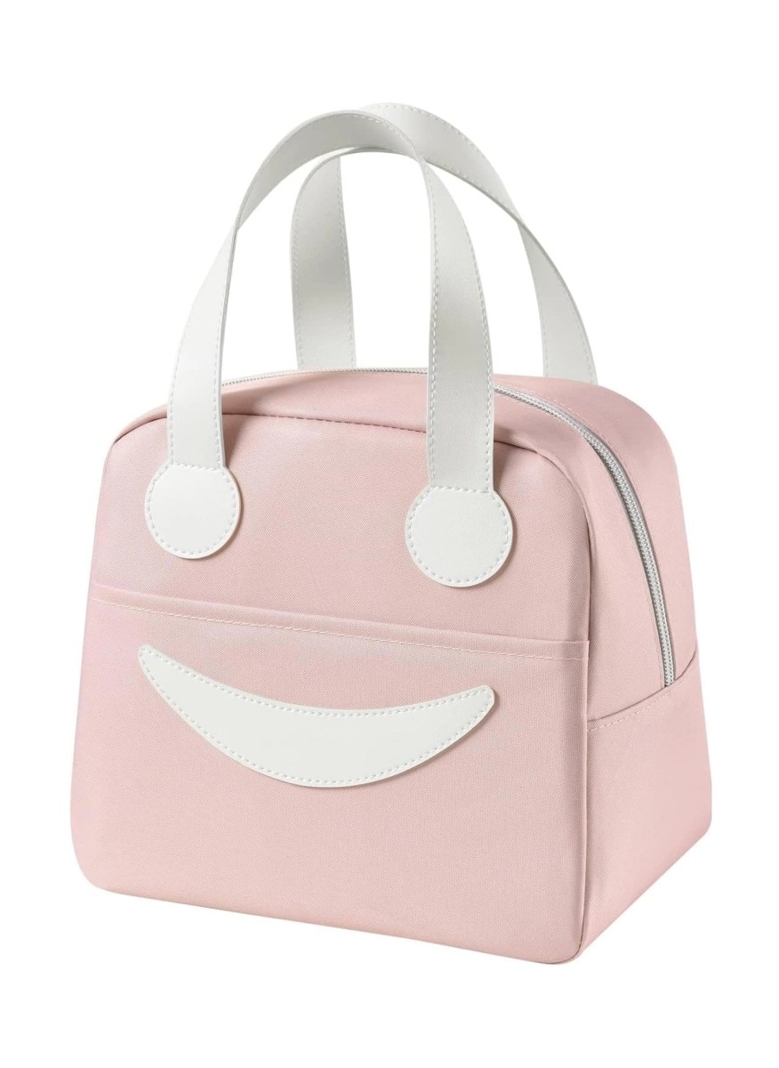 Pink insulated lunch bag with white handles