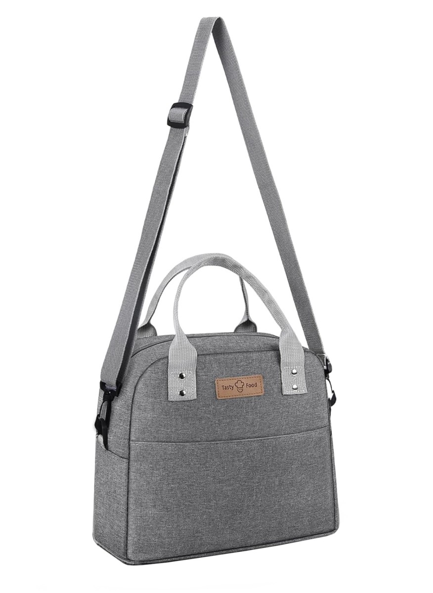 Gray insulated lunch bag with white handles