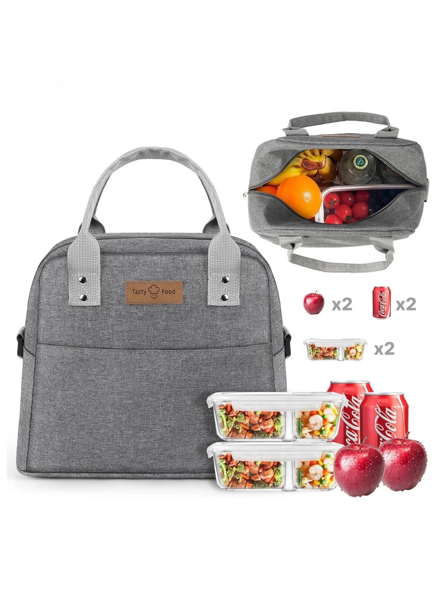 Gray insulated lunch bag with white handles